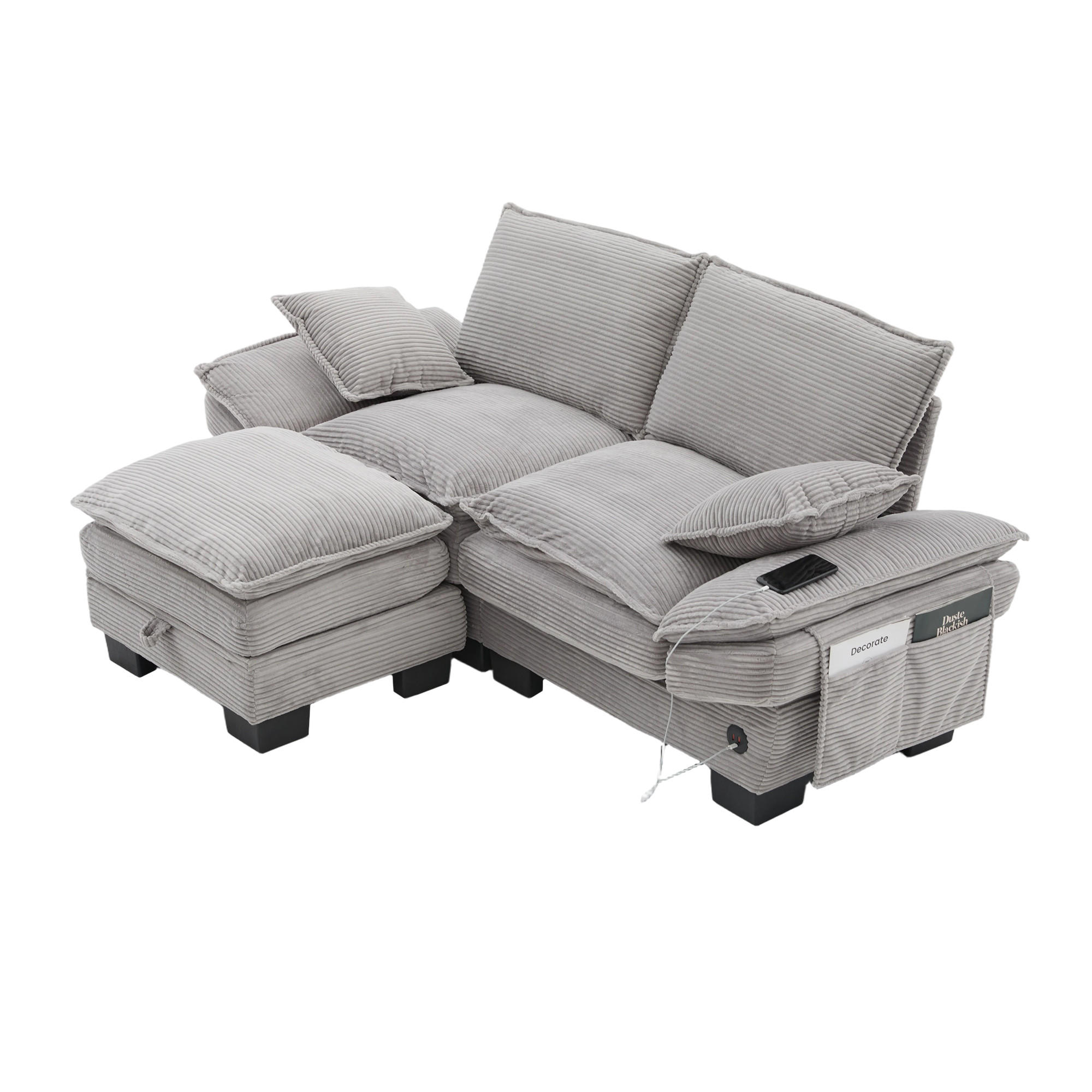 2-SITZER-SOFA DE-33749 mit Hocker und USB-C Hellgrau - Hellgrau, Metall (190/84/132cm) - ComfortXL