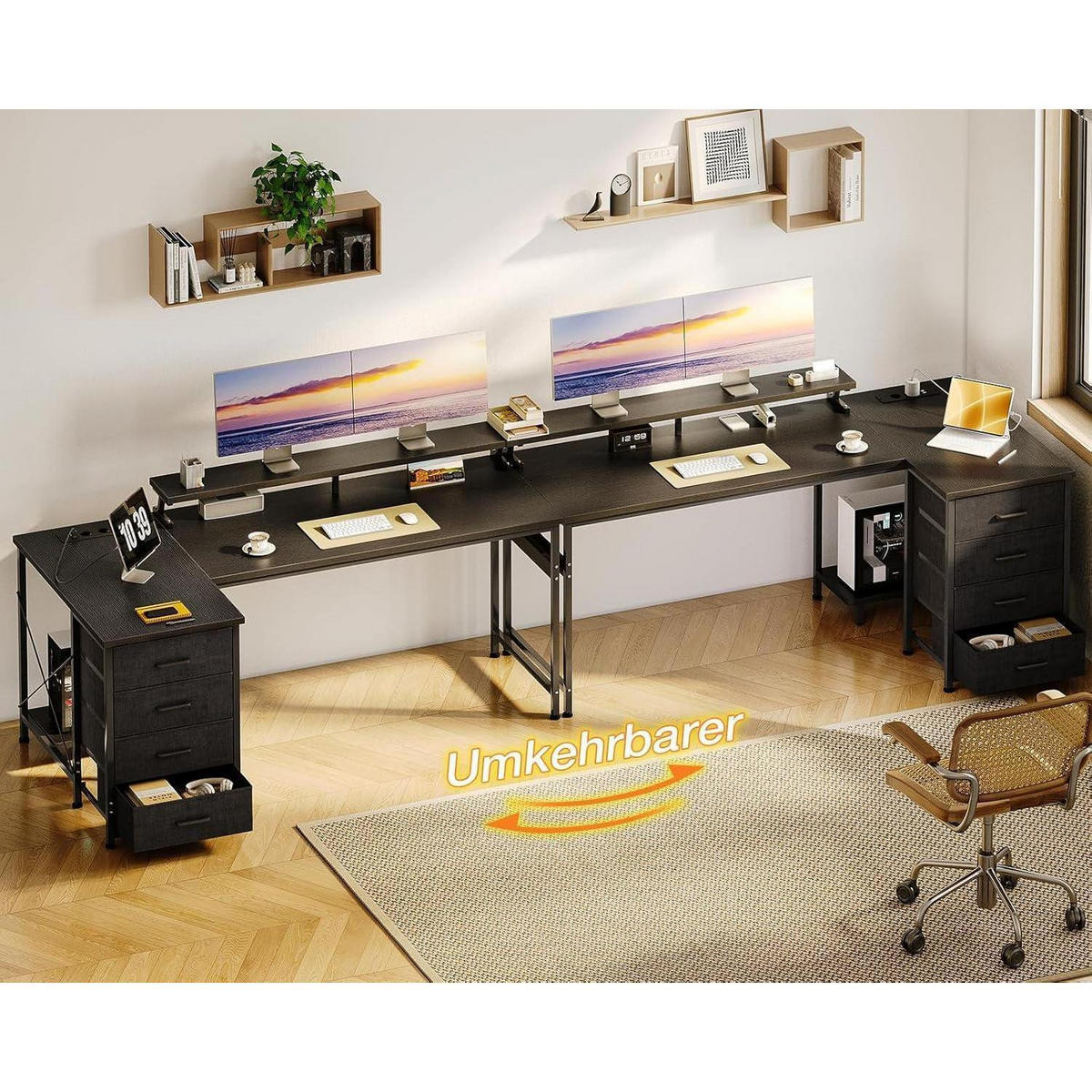 SCHREIBTISCH L Form mit Schubladen Schwarz 160 x 80 cm - Schwarz, Holzwerkstoff (160/80/84.7cm)