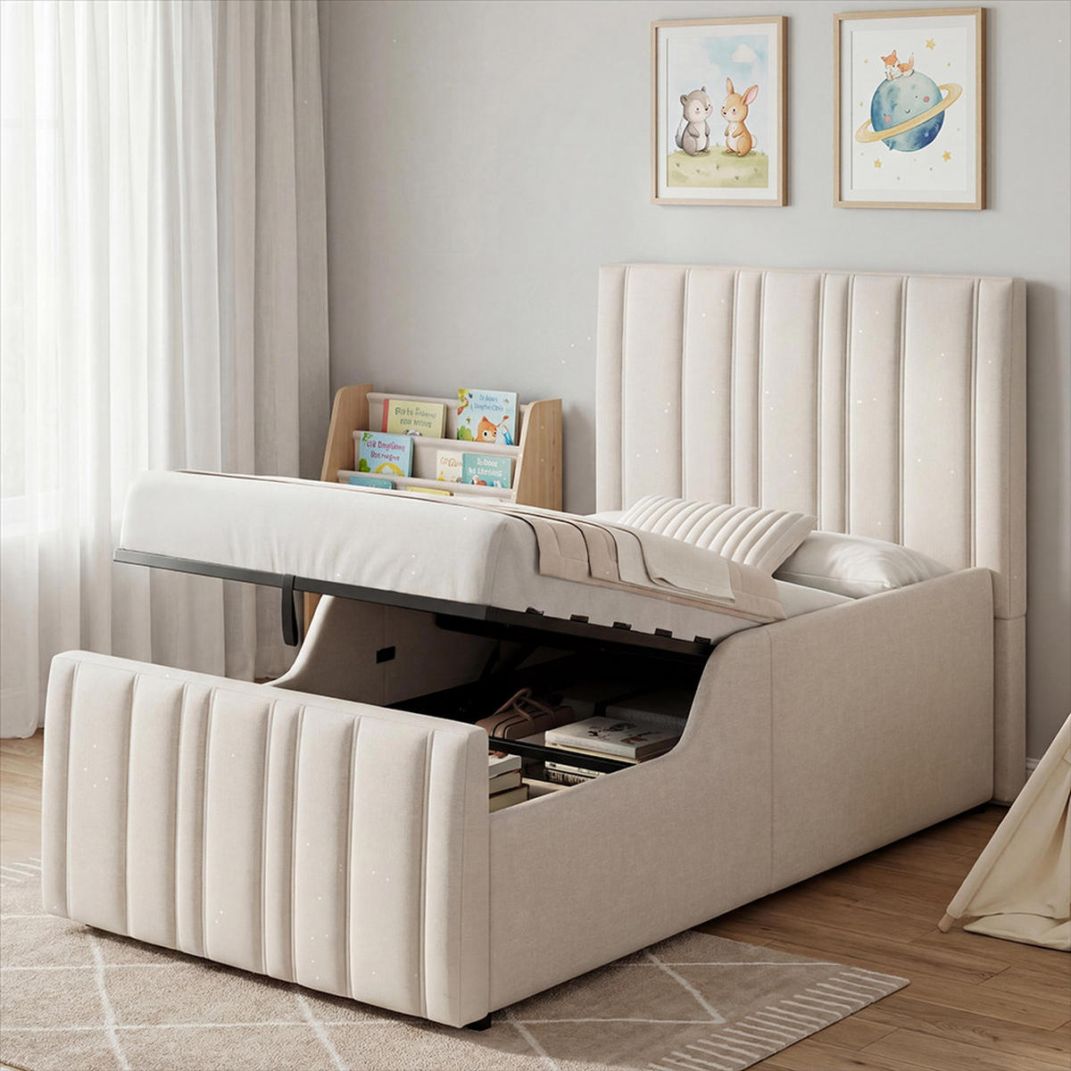 KREVET S PRESVLAKOM 90 x 200 cm, Krevet s lamelastim podnicama, Bež, Lan - bež, tekstil/drvo (90/200cm) - KOMHTOM