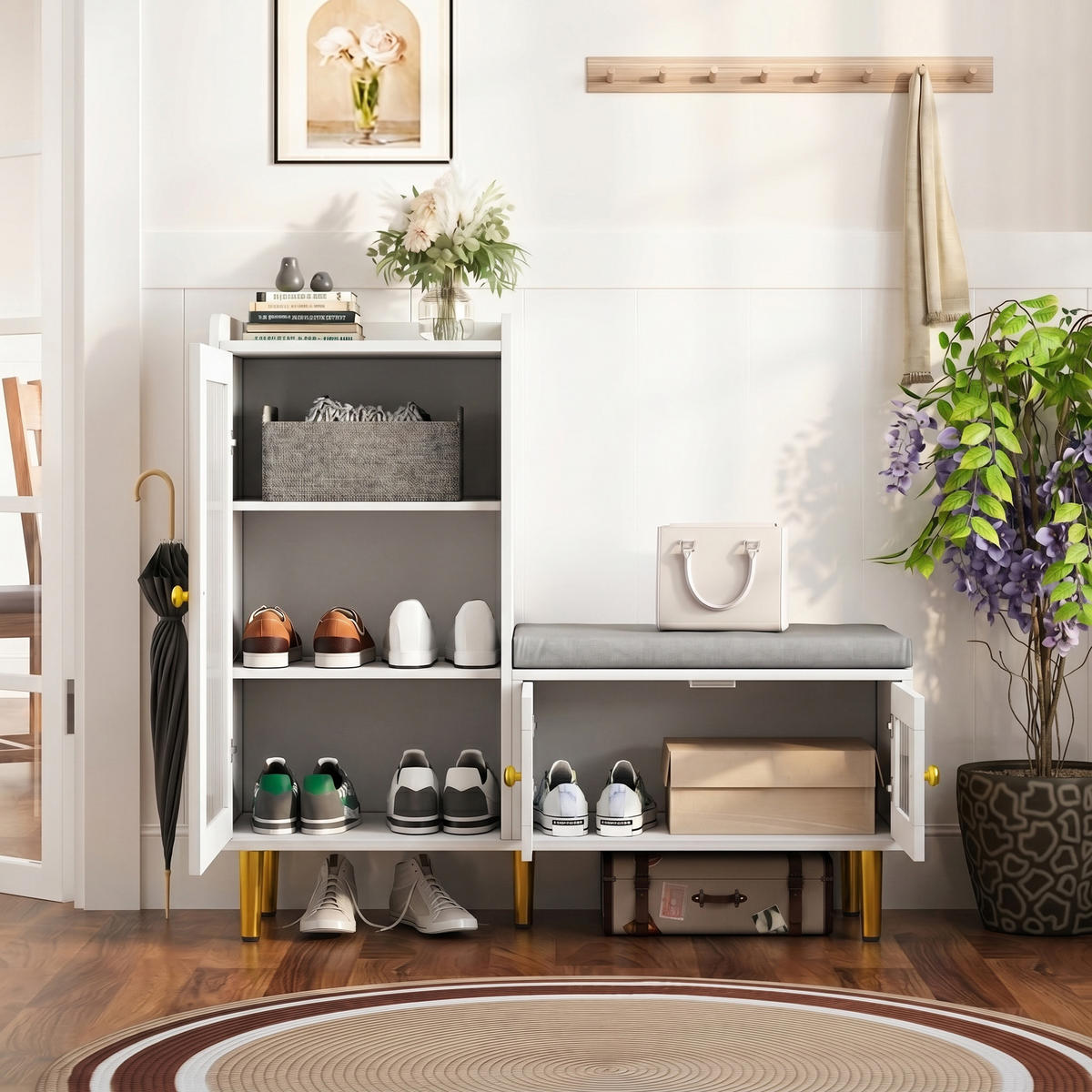 SCHUHKOMMODE Holzoptik Weiß mit Sitzbank und Glastüren, Garderobe für Flur - Weiß, Holz (100/90/35cm) - PARAFTA HOME