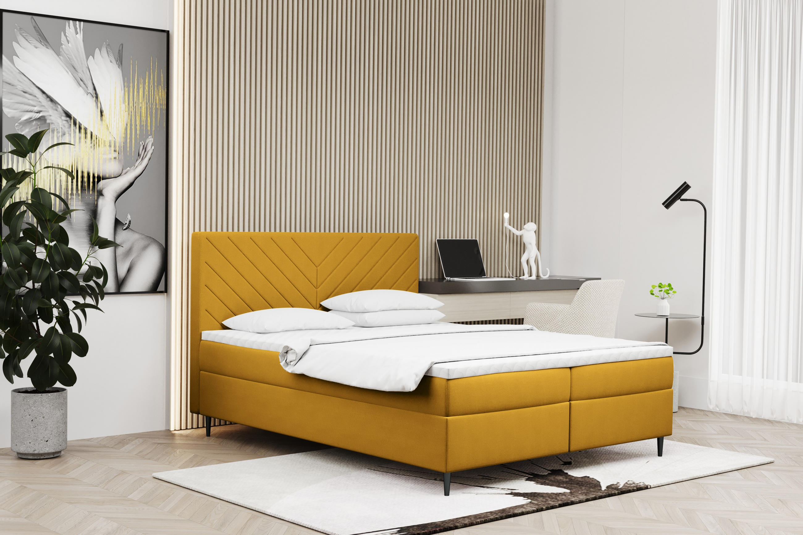 BOXBETT Mit Bettkasten Und Matratze + Topper RUGIA Stoff Velvet Gelb 200x200 cm H3-Bonell - Gelb/Schwarz, Holz/Textil (200/200cm) - Kaiser Möbel