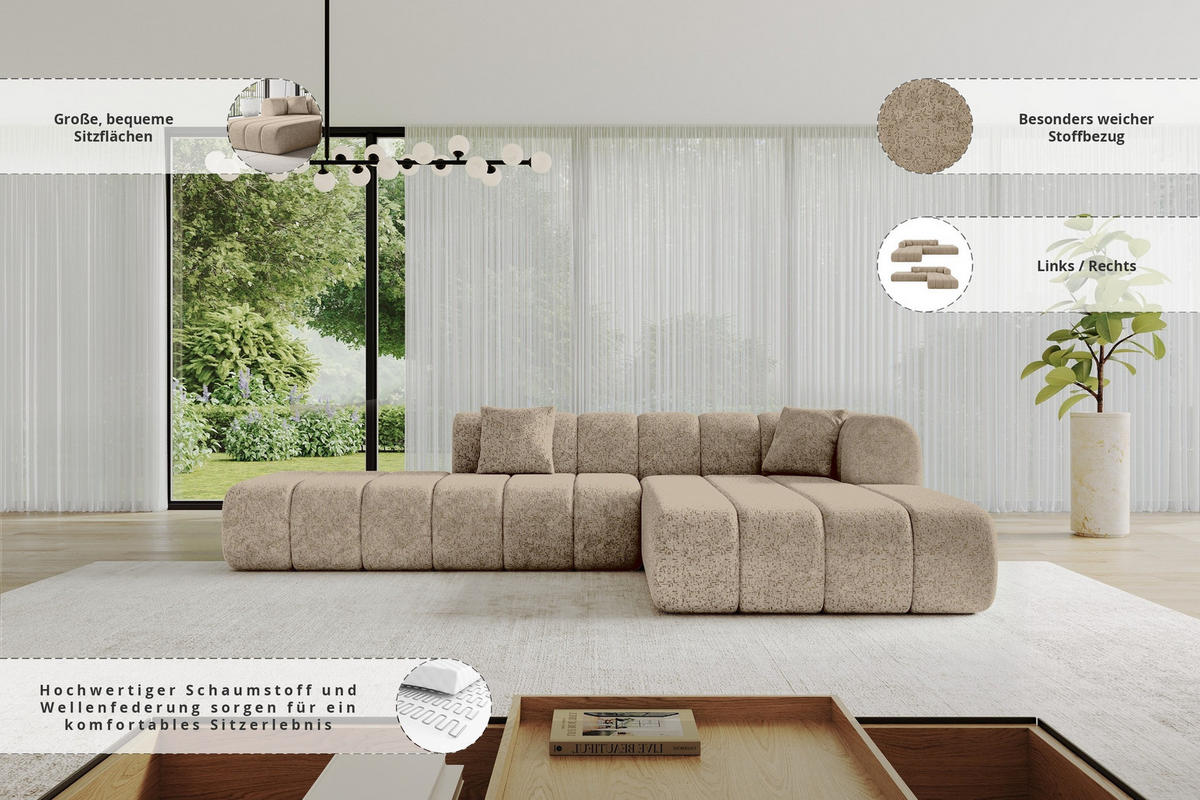 ROHOVÁ SEDAČKA s otomanem, pravá BILA-L 289x176x71 Hnědá Žinylka - černá/koňaková, kompozitní dřevo/textil (289/176cm) - ALTDECOR