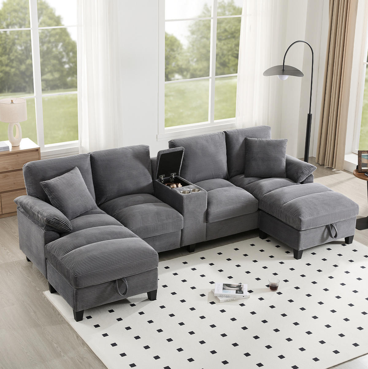 WOHNLANDSCHAFT 293/142/93 cm in Grau, U-Form mit Stauraum und USB-Anschlüssen - Grau, Textil (93/293/142cm) - Flora Grace
