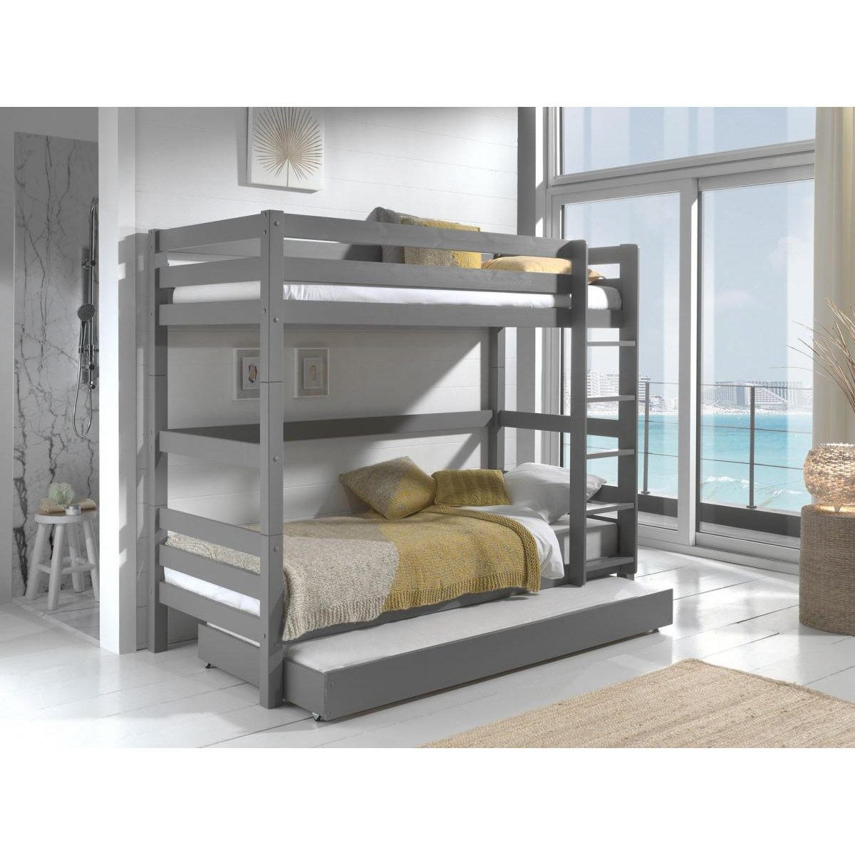 ETAGENBETT aus grauer massiver Kiefer 209 x 105 x 182 cm + Ausziehbett - Grau, Holz - Vipack