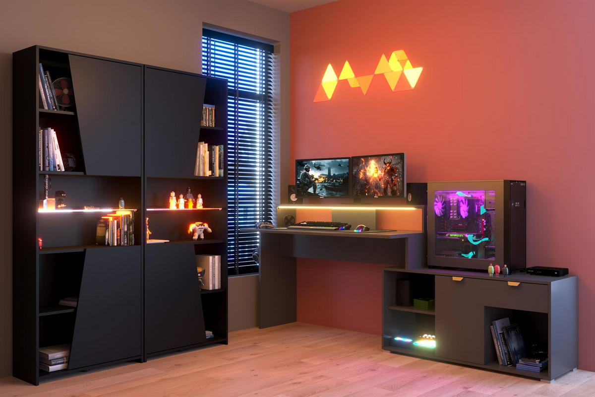 GAMING Schreibtisch Parisot Work 3-tlg. Holznachbildung Grau/Schwarz - Schwarz/Grau, Kunststoff (200/100/95cm) - 58aufmkessel