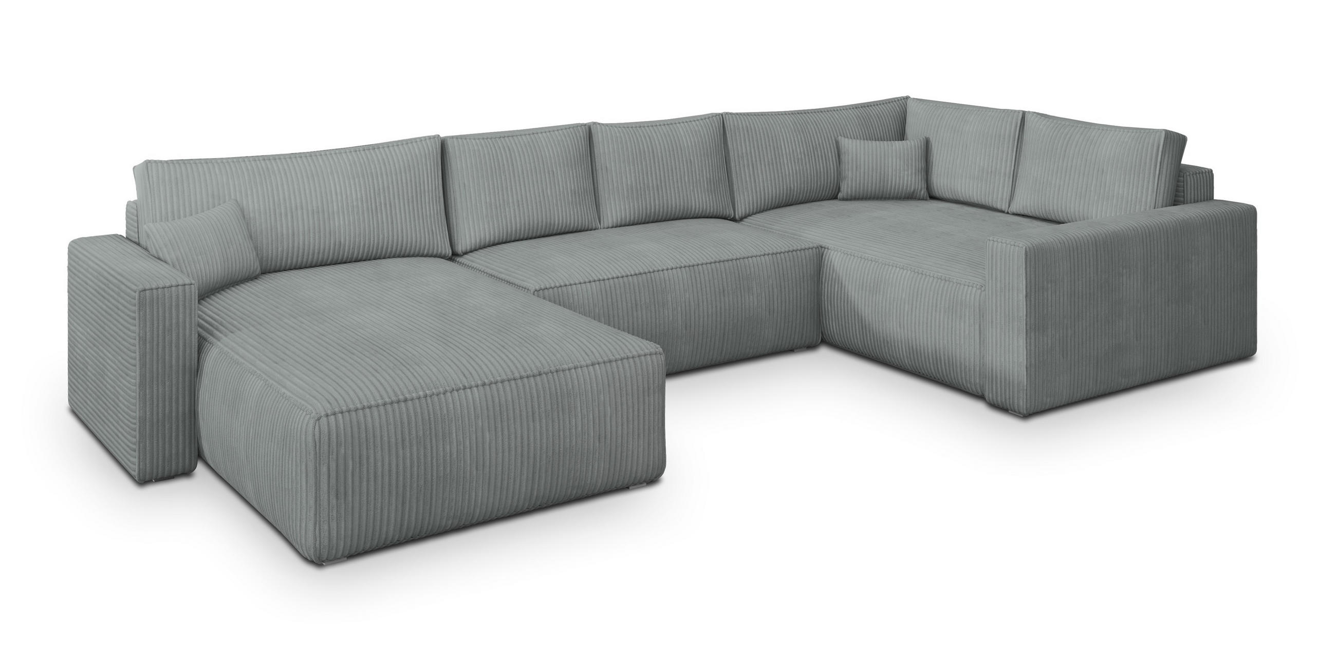 WOHNLANDSCHAFT VELAMI R-S Hellgrau Kordstoff mit Schlaffunktion - Hellgrau, Holz (365/83/194cm) - MASSENO