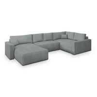 WOHNLANDSCHAFT VELAMI R-S Hellgrau Kordstoff mit Schlaffunktion - Hellgrau, Holz (365/83/194cm) - MASSENO