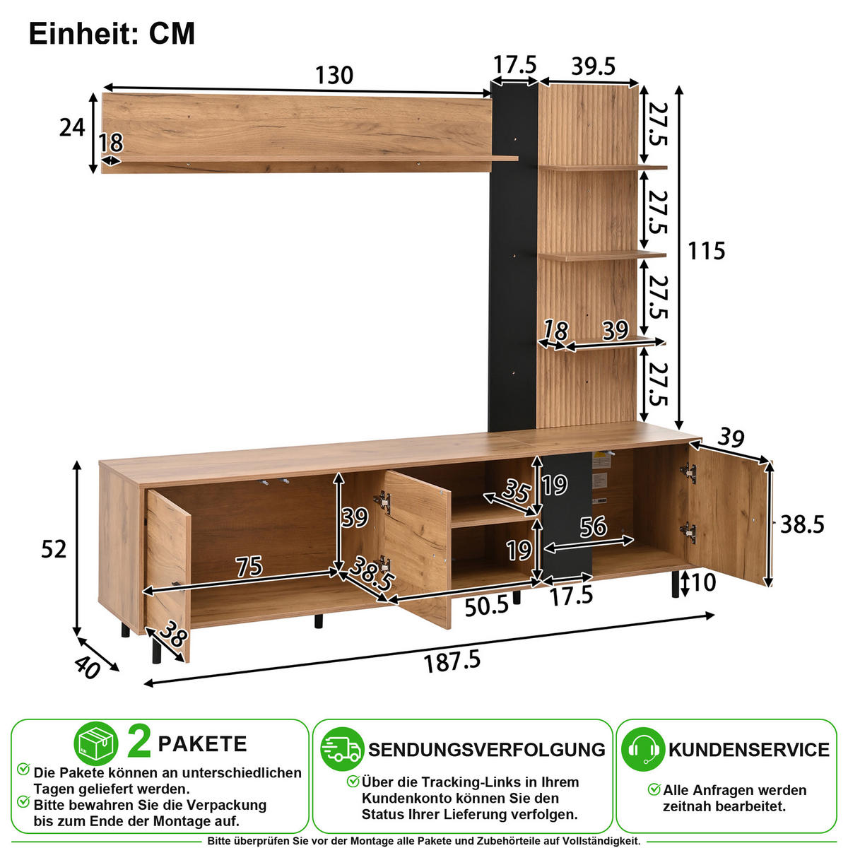 WOHNWAND in Schwarz-Holzoptik 187,5/40/167 cm aus Spanplatte mit TV-Board, Vitrine, Schränken und Regalen - Walnussfarben/Schwarz, Holz/Holzwerkstoff (187.5/167/40cm) - CHICFURN