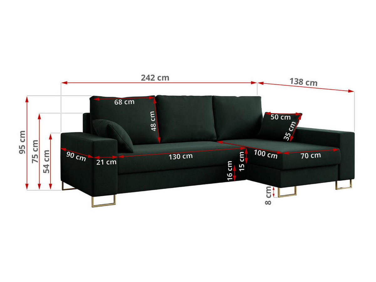 ECKSOFA Dorian Velvet Grün - Goldfarben/Grün, Textil/Metall (242/138cm) - MKS