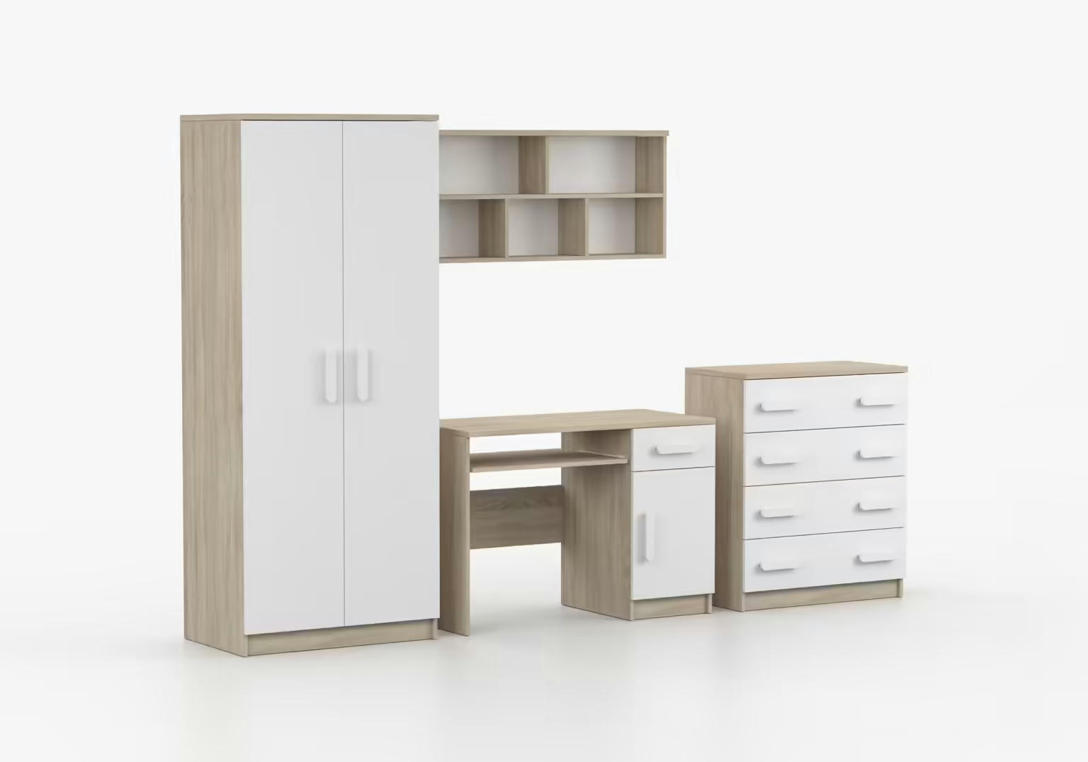 JUGENDZIMMER Elora in Eiche und Weiß – 4-teiliges Set mit Schreibtisch, Kommode, Wandregal und Schrank – Grifffarbe Weiß - Braun, Holzwerkstoff (80/200/120cm)
