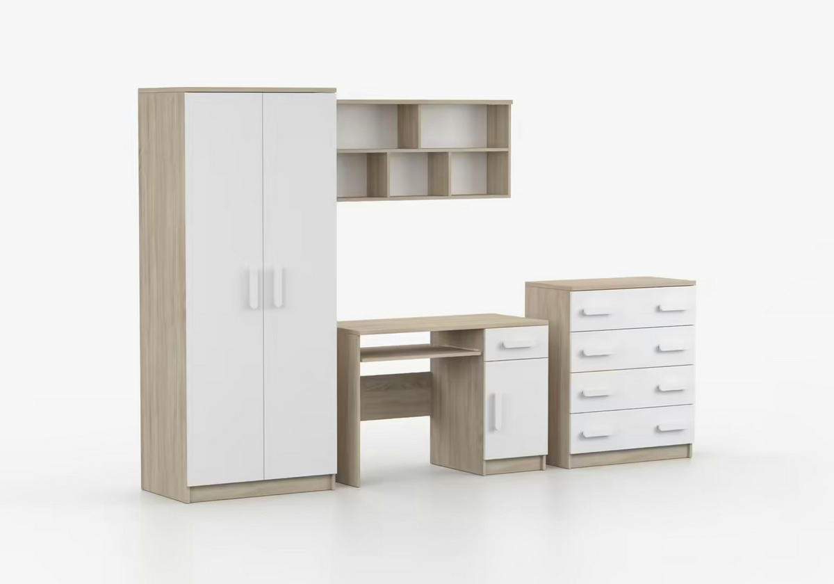 JUGENDZIMMER Elora in Eiche und Weiß – 4-teiliges Set mit Schreibtisch, Kommode, Wandregal und Schrank – Grifffarbe Weiß - Braun, Holzwerkstoff (80/200/120cm)