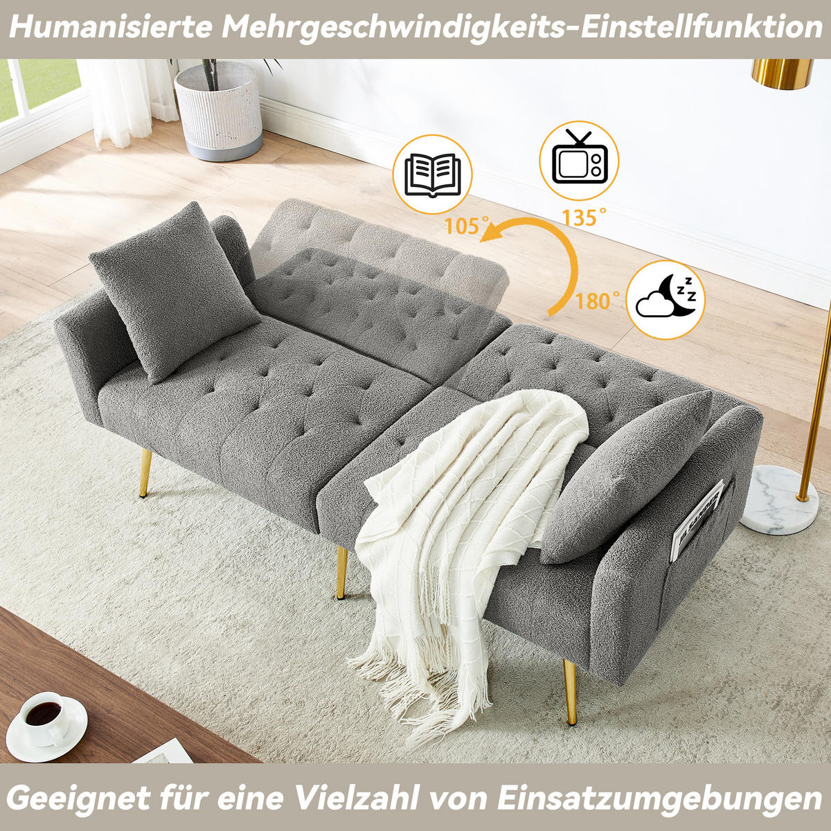 SCHLAFSOFA 177/78/74 cm in Gray Teddyfell mit Aufbewahrungstasche - Grau, Textil (177/74/78cm) - Oxeza