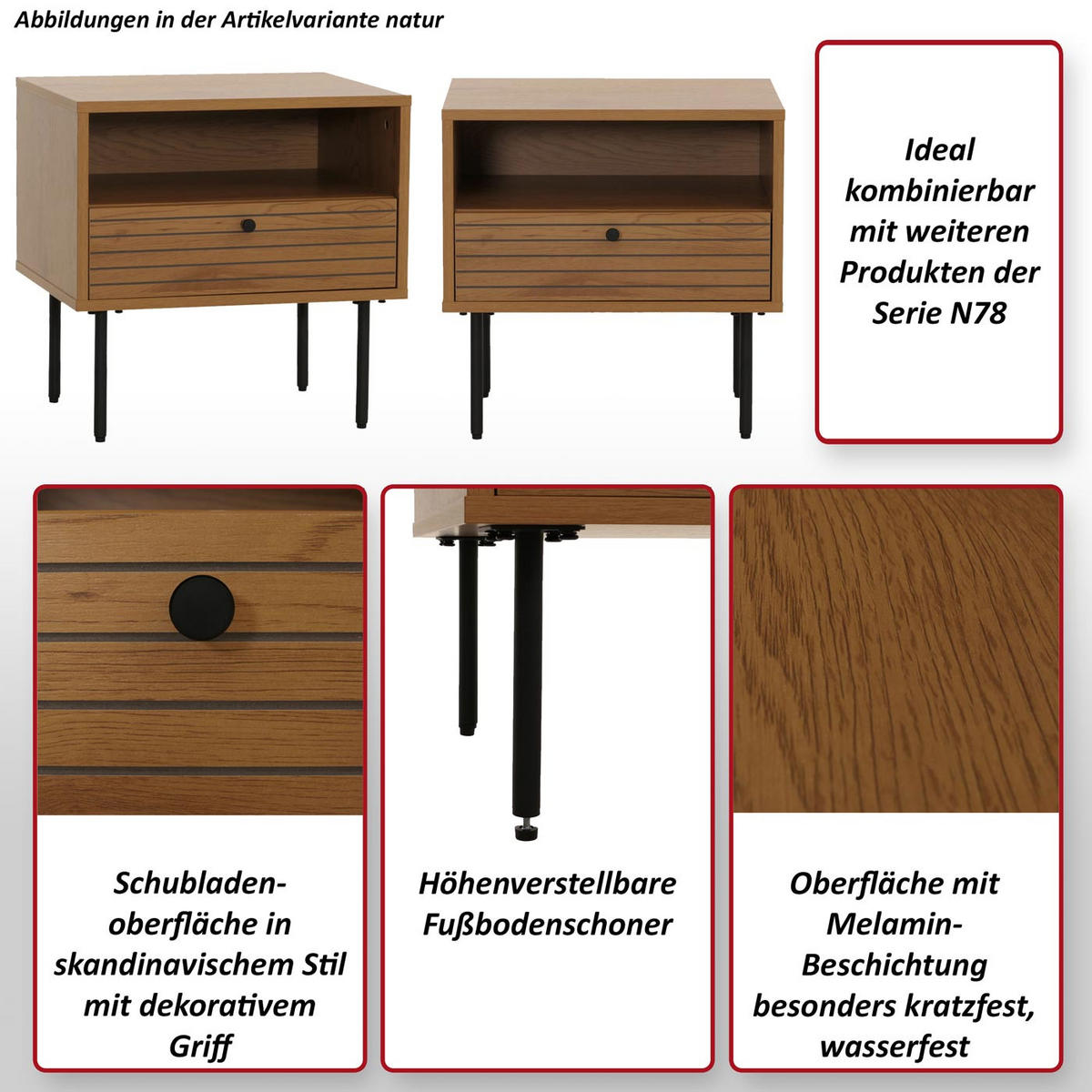 NACHTTISCH rechteckig Braun - Braun, Holz (50/50/40cm) - MCW