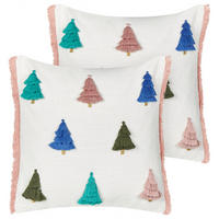 Dekokissen 2er-Set Weiß 45/45 cm Skimmia - Blau/Pink, Naturmaterialen (45/45cm) - Beliani