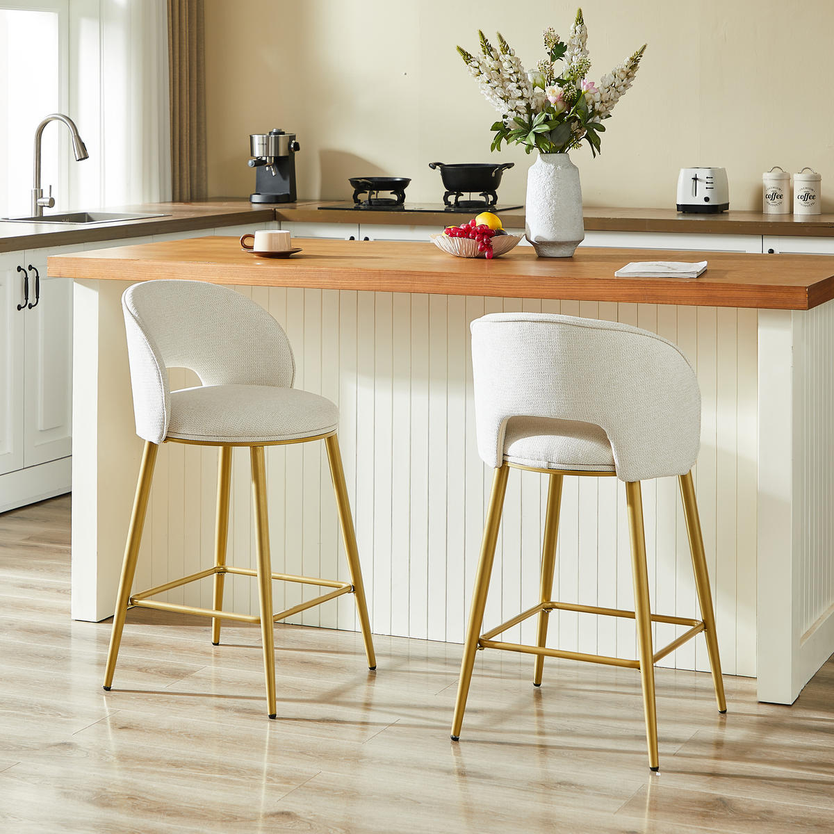 BARHOCKER 2er-Set Beige mit Rückenlehne und Metallgestell - Beige, Textil (56/92/53cm) - PANGIVO