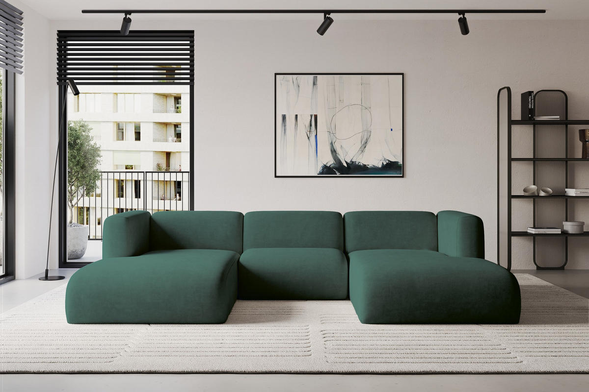 WOHNLANDSCHAFT MIRA-U1 317x179x70 Grün Velours - Dunkelgrün/Schwarz, Holzwerkstoff/Kunststoff (317/70/179cm) - ALTDECOR