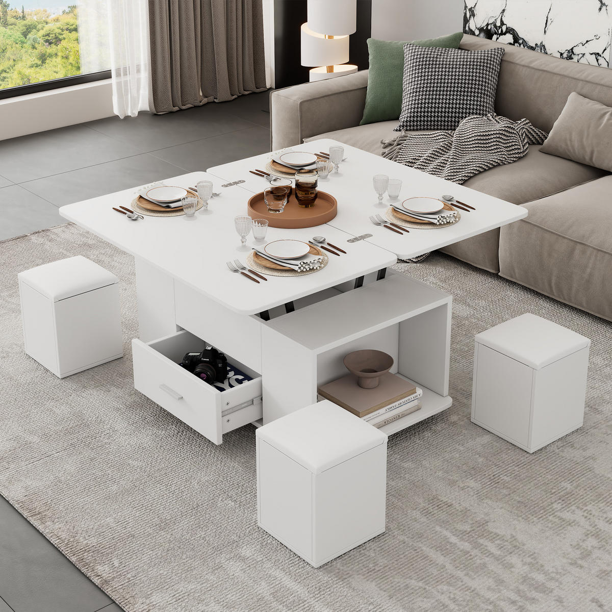 COUCHTISCH Höhenverstellbar 4-in-1 Weiß mit Schubladen 4 Hocker - Weiß, Holzwerkstoff (100/50/45cm)