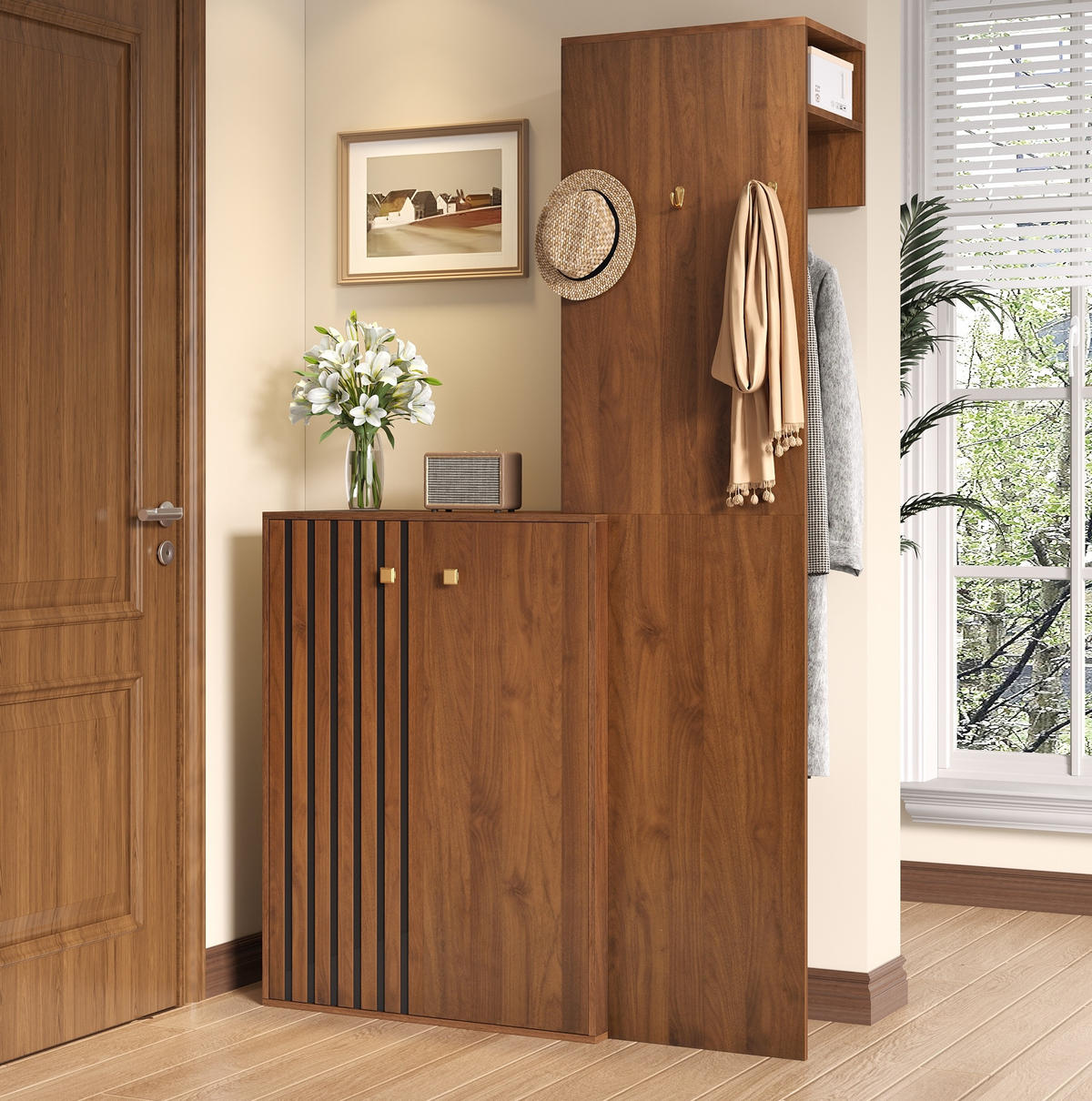 KOMPAKTGARDEROBE mit Schuhschrank 115 x 38,5 x 191,5 cm MDF nussbaumfarben - Braun, Holzwerkstoff (38.5/191.5/115cm) - Beauniv