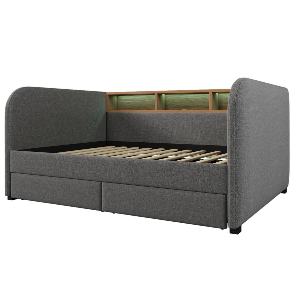 ČALOUNĚNÁ postel z lnu, 140/190 cm šedá, s LED osvětlením, USB-C nabíjením a úložnými zásuvkami - šedá, textil (140/190cm) - BEAOK
