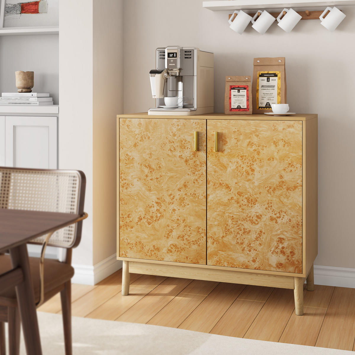 SIDEBOARD Gelb mit Baumknoten-Struktur, goldener Griff, MDF/Holz, verstellbare Einlegeböden, 80/38/77,5 cm, Gelb - Gelb, Holzwerkstoff (80/77.5/38cm) - Redom