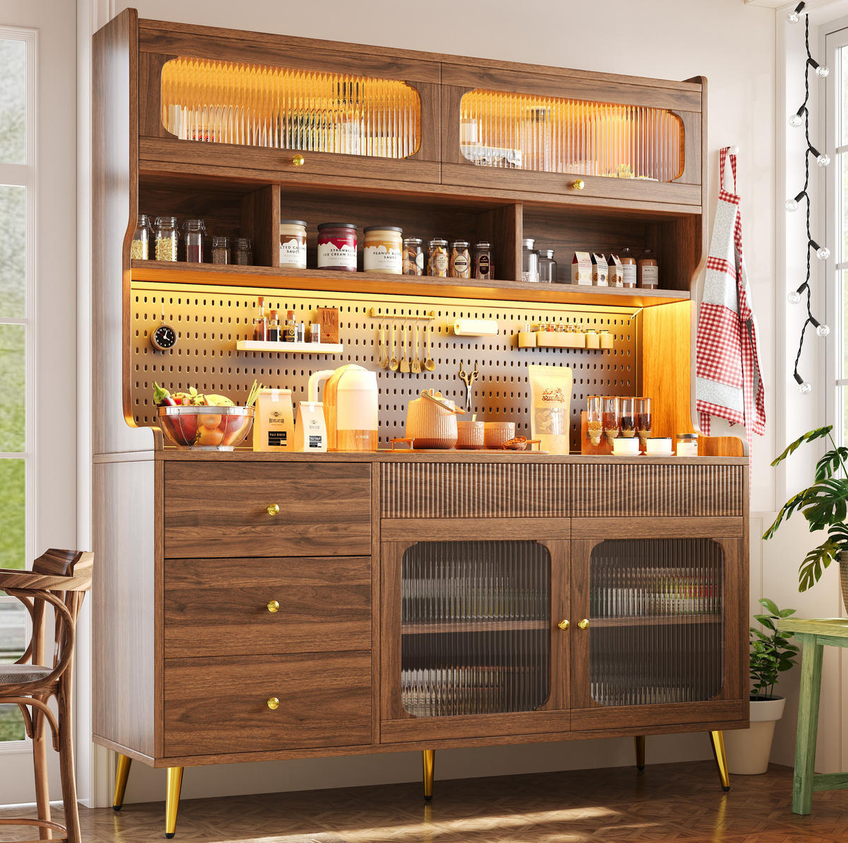 BUFFET 145/39/171 cm aus MDF und Glas mit LED-Beleuchtung Walnussfarben - Walnussfarben, Holzwerkstoff (145/171/39cm) - Modenvie