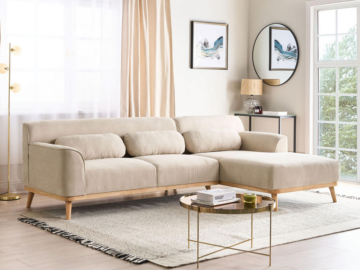 3-SITZER-ECKSOFA Cord hellbeige rechtsseitig Simos - Hellbraun/Beige, Textil (264/159cm) - Beliani