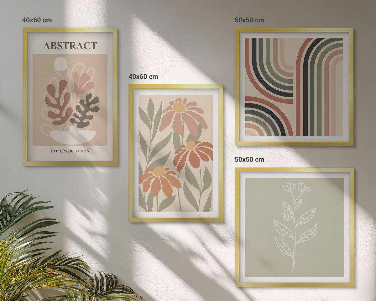 BILDER SET 4er Set - 50x50 cm & 40x60 cm Goldrahmen - Abstrakte Pastellpflanzen - Goldfarben, Kunststoff (50/50cm) - TULUP