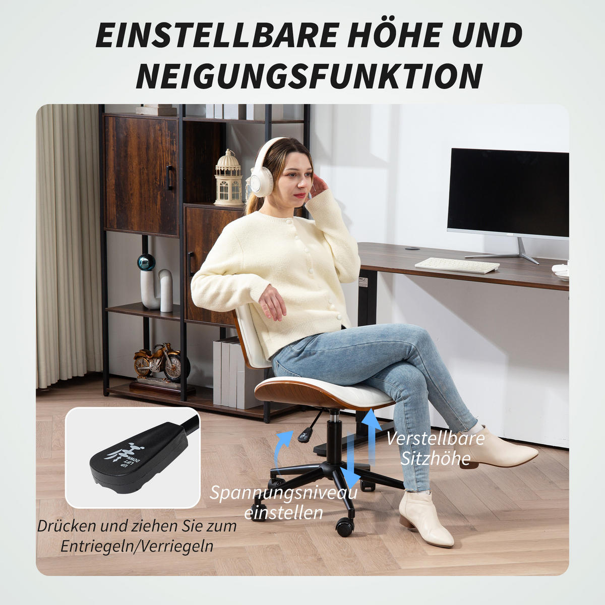 BÜROSTUHL Höhenverstellbarer Kunstleder, Weiß - Weiß, Textil (52/90/53cm) - HOMCOM