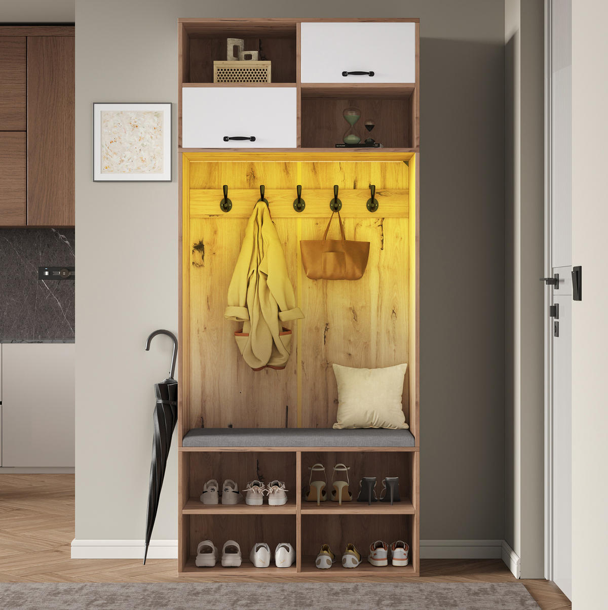 GARDEROBE 80/35/185 cm weiß/naturfarben aus Spanplatte mit Sitzbank LED und Stauraum - Naturfarben, Holzwerkstoff (80/185/35cm) - OKWISH