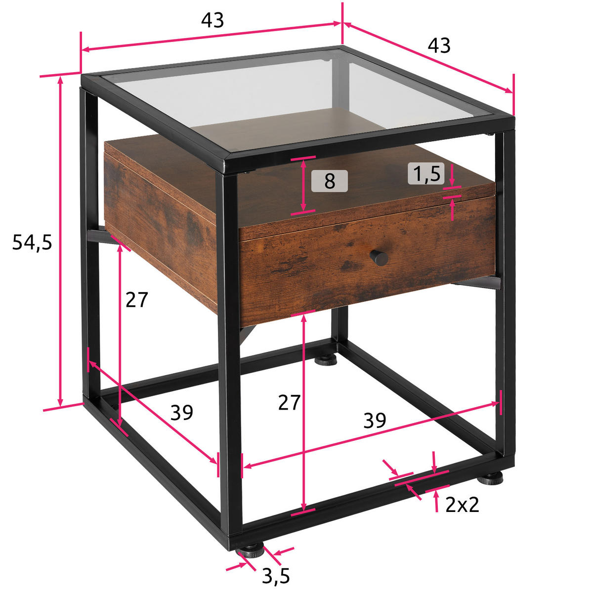 NACHTSCHRANK Preston,43 x 45 x 54,5 cm,Industrial Holz dunkel, rustikal - Rostfarben, Holzwerkstoff (43/54.5/45cm) - tectake
