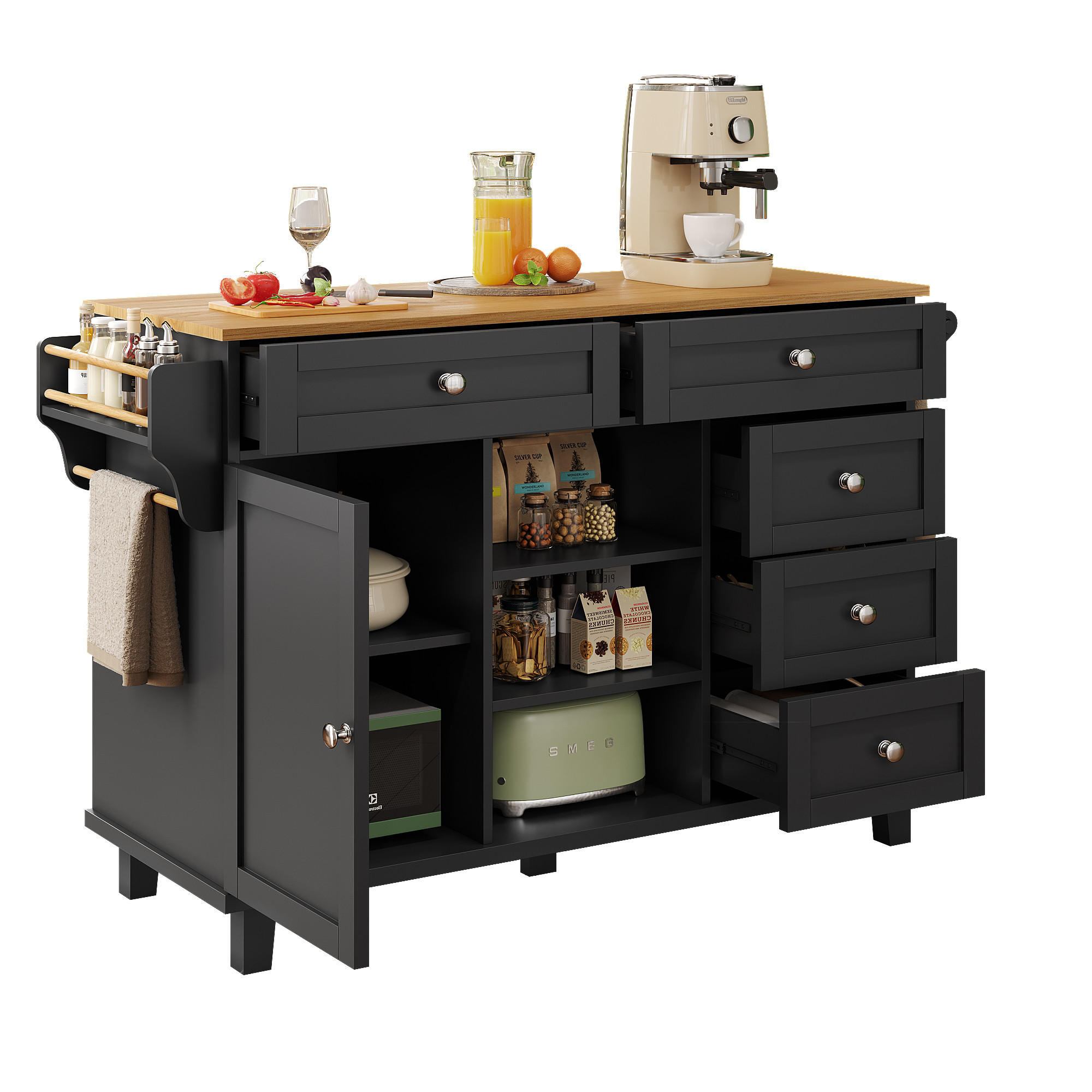 KÜCHENWAGEN Speisewagen 134x46x92cm Schwarz mit 5 Rädern & 3 Schubladen - Schwarz, Holzwerkstoff (134/92/46cm) - Modfu