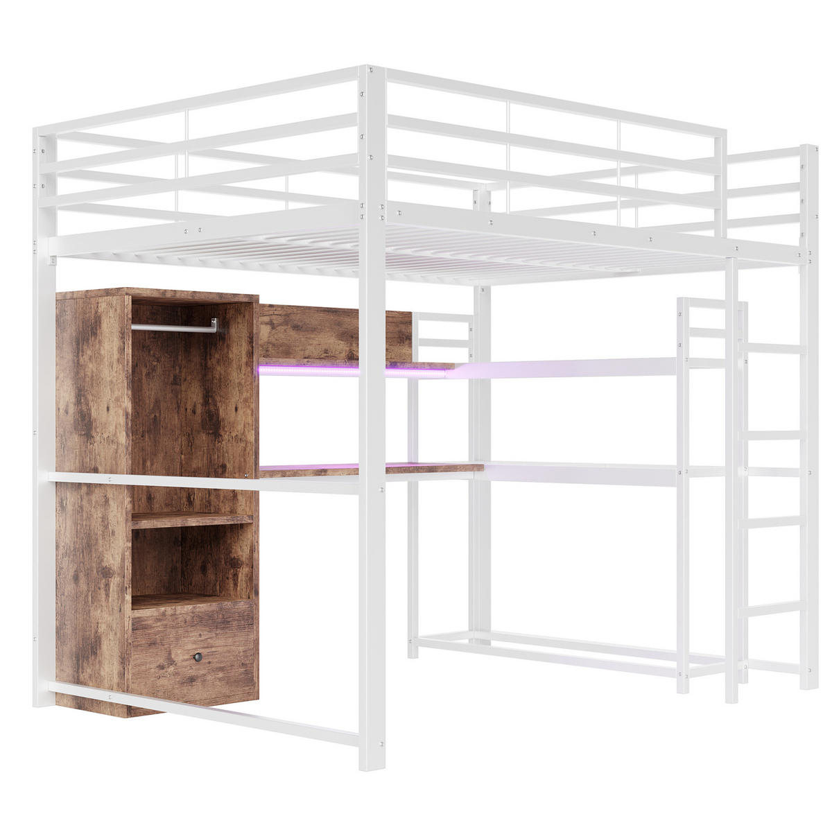 HOCHBETT mit Schreibtisch 140/200 cm in Weiß – mit Stauraum und LED - Weiß, Holzwerkstoff (140/200cm) - BEAOK