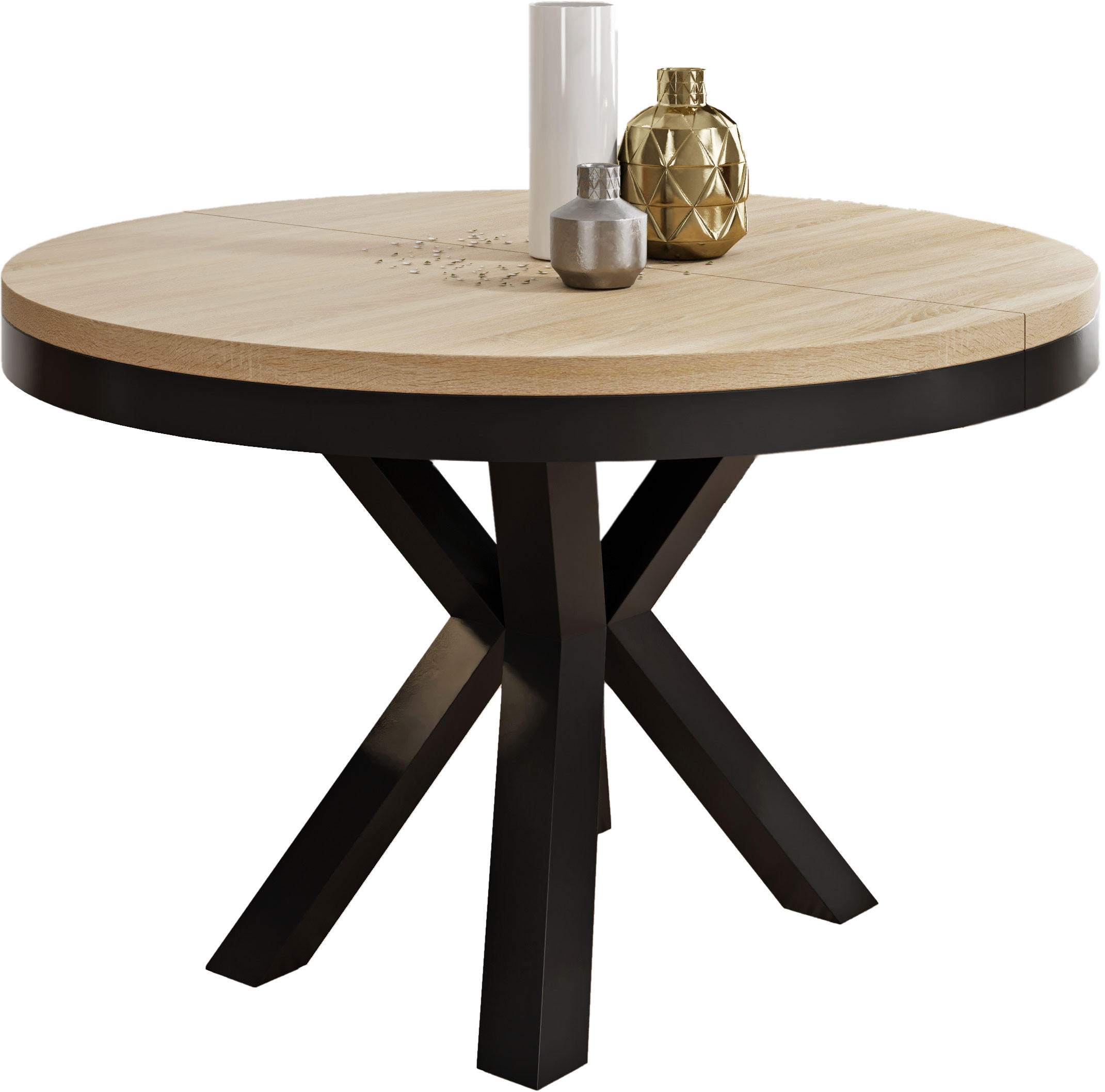 ESSTISCH Clara runder ausziehbarer, Sonoma Eiche 120-200/120/76 cm - Schwarz/Sonoma Eiche, Holzwerkstoff/Metall (120/120/76cm) - WFL GROUP
