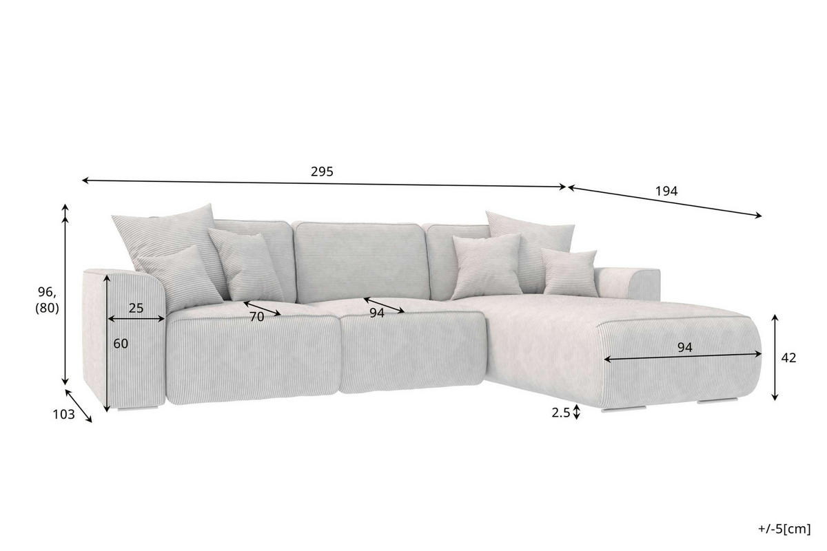 ECKSOFA GUSTO Cordstoff Braun Rechts inkl. Schlaffunktion - Chromfarben/Braun, Kunststoff/Textil (295/194cm) - 99rooms