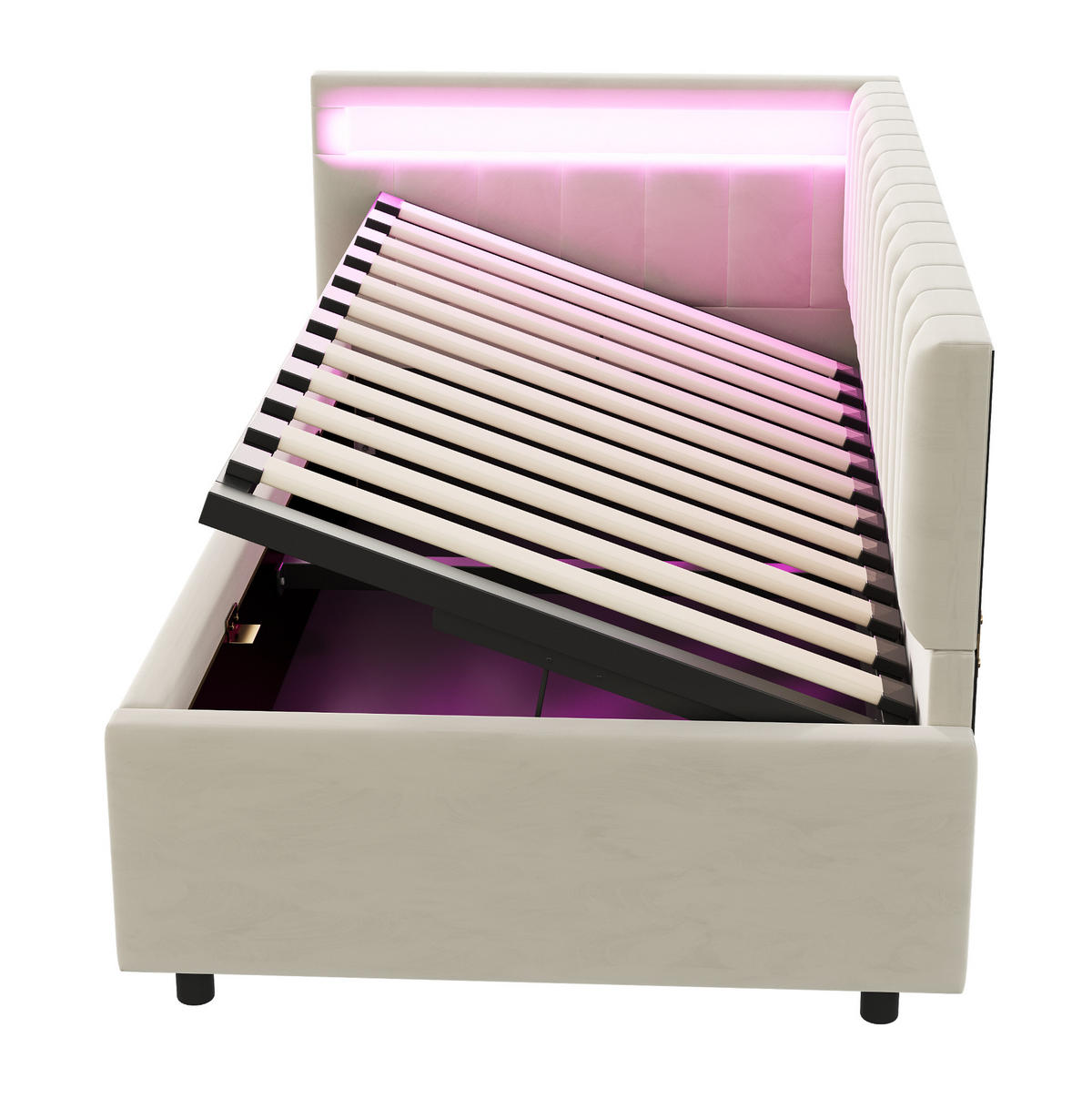 POLSTERBETT Schlafsofa 90/200 cm Beige aus Samt mit LED-Beleuchtung und Stauraum - Beige, Textil (90/200cm) - OKMYHOME