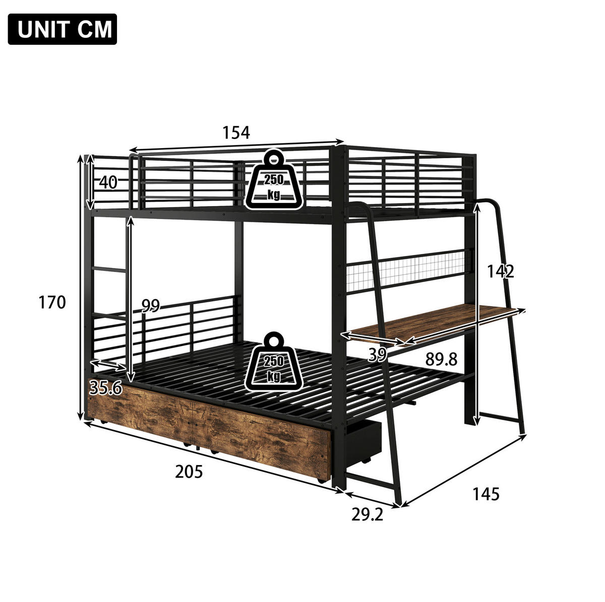 HOCHBETT aus Metall und MDF 140x200 cm Schwarz mit Schreibtisch, RGB-LED-Beleuchtung und Stauraum - Schwarz, Holzwerkstoff (140/200cm) - Modfu