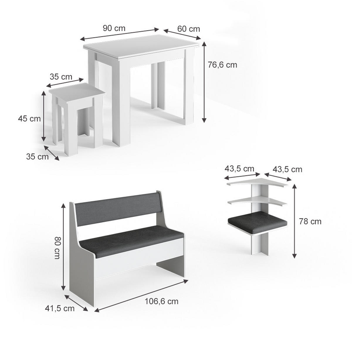 ECKBANKGRUPPE Roman Weiß 150 x 41.5 cm mit Tisch - Anthrazit/Weiß, Holzwerkstoff (150/80/150cm) - Vicco