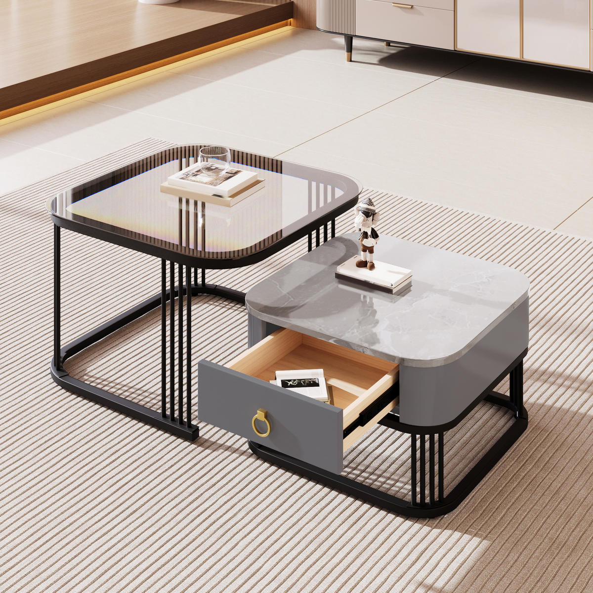 COUCHTISCH 2er-Set Marmoroptik mit Glasplatte und Schubladen - Schwarz, Holzwerkstoff (60/60/42cm) - Korfee