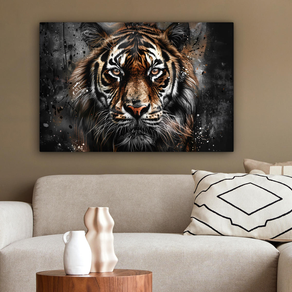 LEINWANDBILD Tiger - Tiere - Porträt - Luxus - Schwarz Gemälde 60x40 cm - Anthrazit, Textil (60/40cm) - MuchoWow