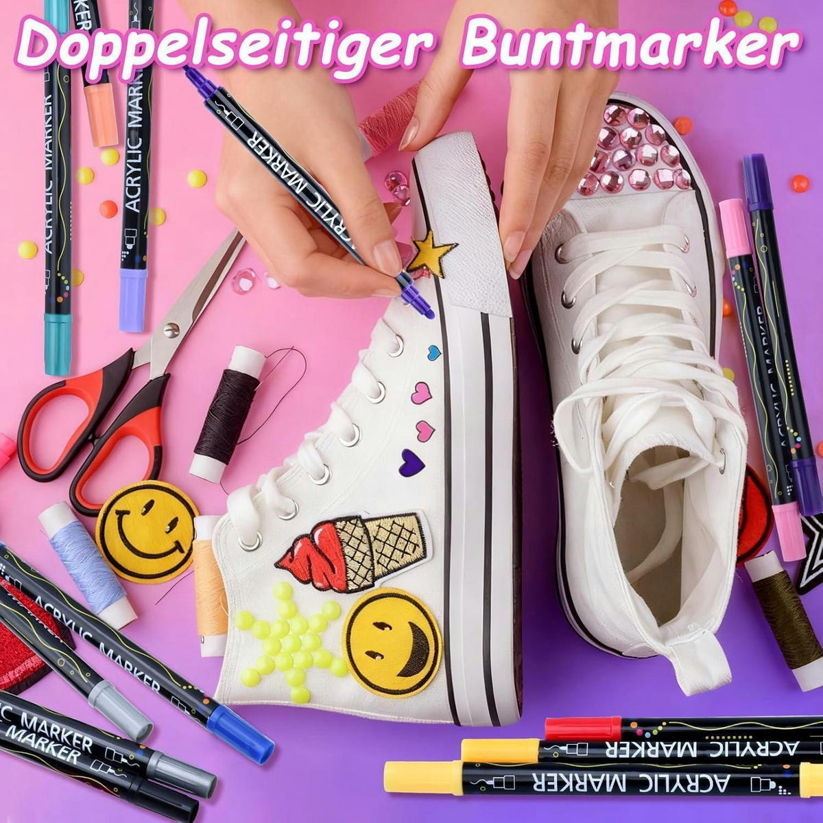 ACRYLSTIFTE 12er Set mit Doppelspitze - Multicolor, Kunststoff (1/1/17cm)