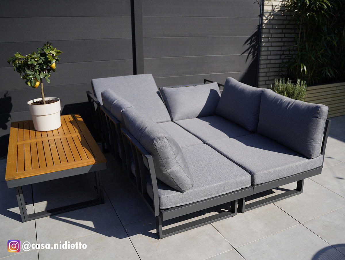 LOUNGESET - Webstoff / Akazie / Aluminium - 3-teilig - Höhenverstellbar - Braun/Grau, Holz/Textil - home24