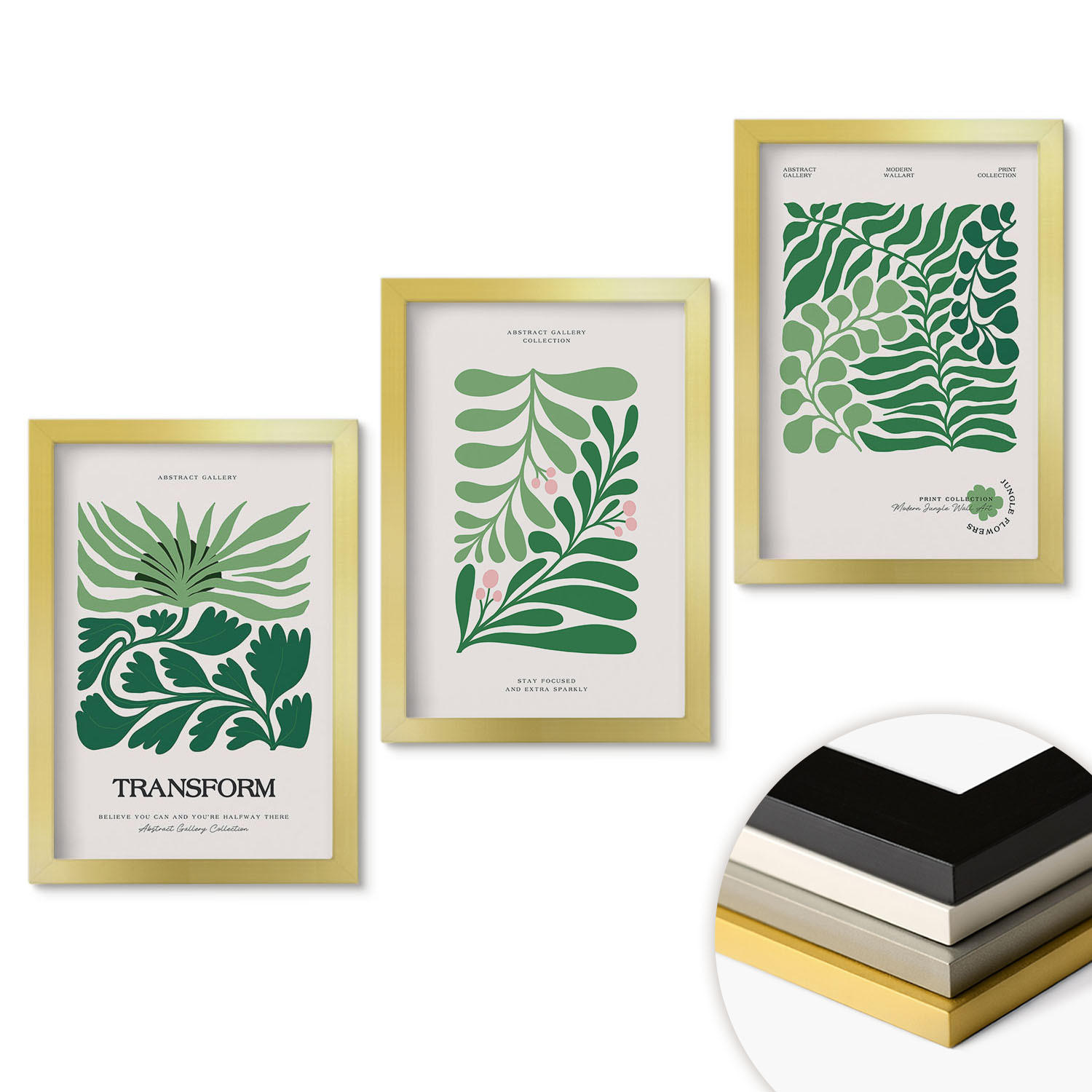 WANDBILDER 3er Set - 20x30 cm Goldrahmen - Formen grüner Blätter - Goldfarben, Kunststoff (20/30cm) - ArtPrintCave