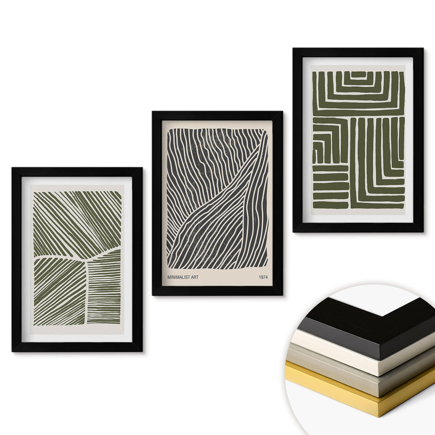 WANDBILDER 3er-Set - 20x30 cm Schwarzer Rahmen - Muster Linien Formen grün - Schwarz, Kunststoff (20/30cm) - ArtPrintCave