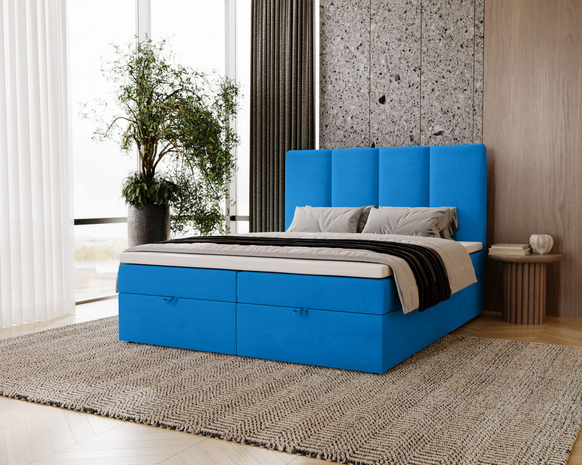 BOXBETT Malmo mit 2 Bettkästen, 140x200, Hellblau, Velourstoff, Doppelbett mit Bonell-Matratze inkl. Topper - Hellblau, Holz/Kunststoff (140/200cm)