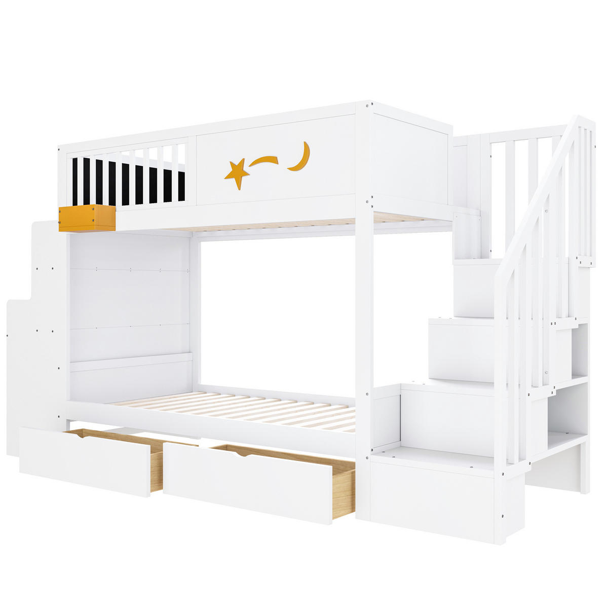 ETAGENBETT 90/200 cm mit Schreibtisch, Stauraumtreppe und 2 Schubladen, Weiß - Weiß, Holzwerkstoff (90/200cm) - Redom