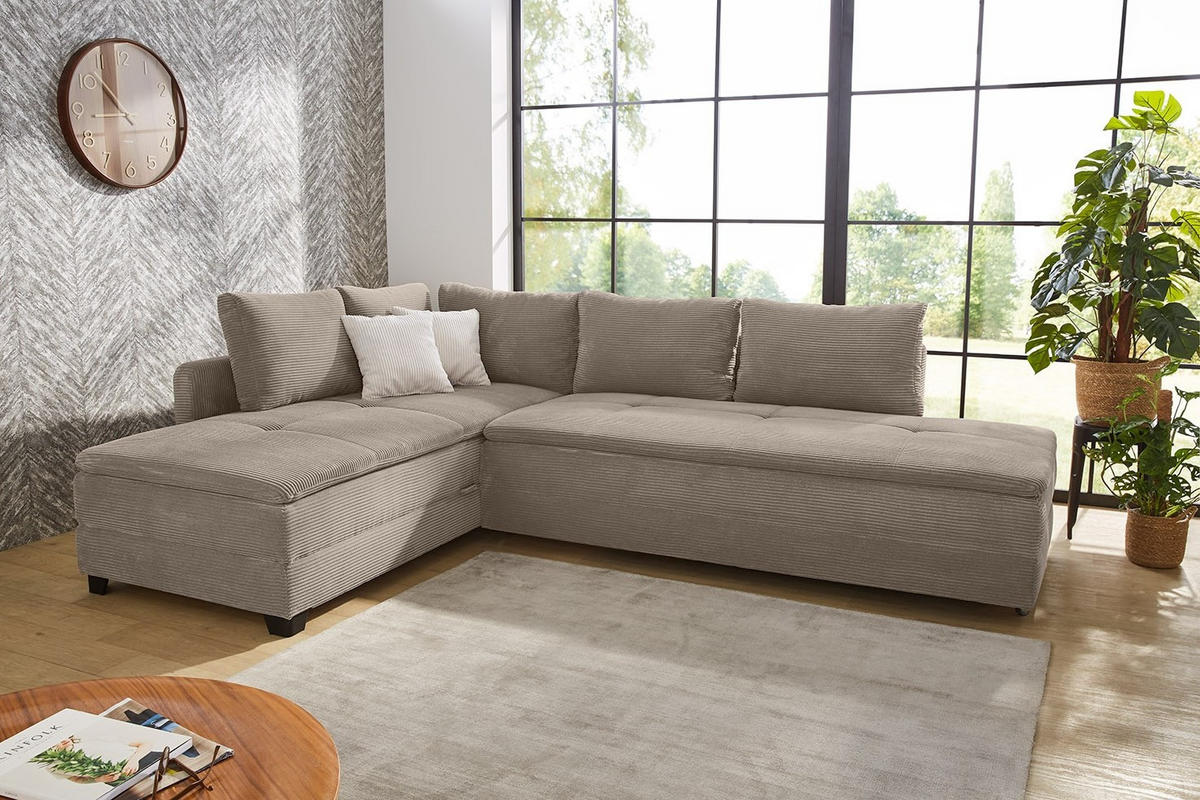 ECKSOFA-DAUERSCHLÄFER Doppelbett Boxspring Federkern Topper, seitenverkehrt montierbar B306/T223/H95 cm, Cord Braun Taupe / 15162 - Taupe/Schwarz, Kunststoff/Textil (306/223cm) - luma-home