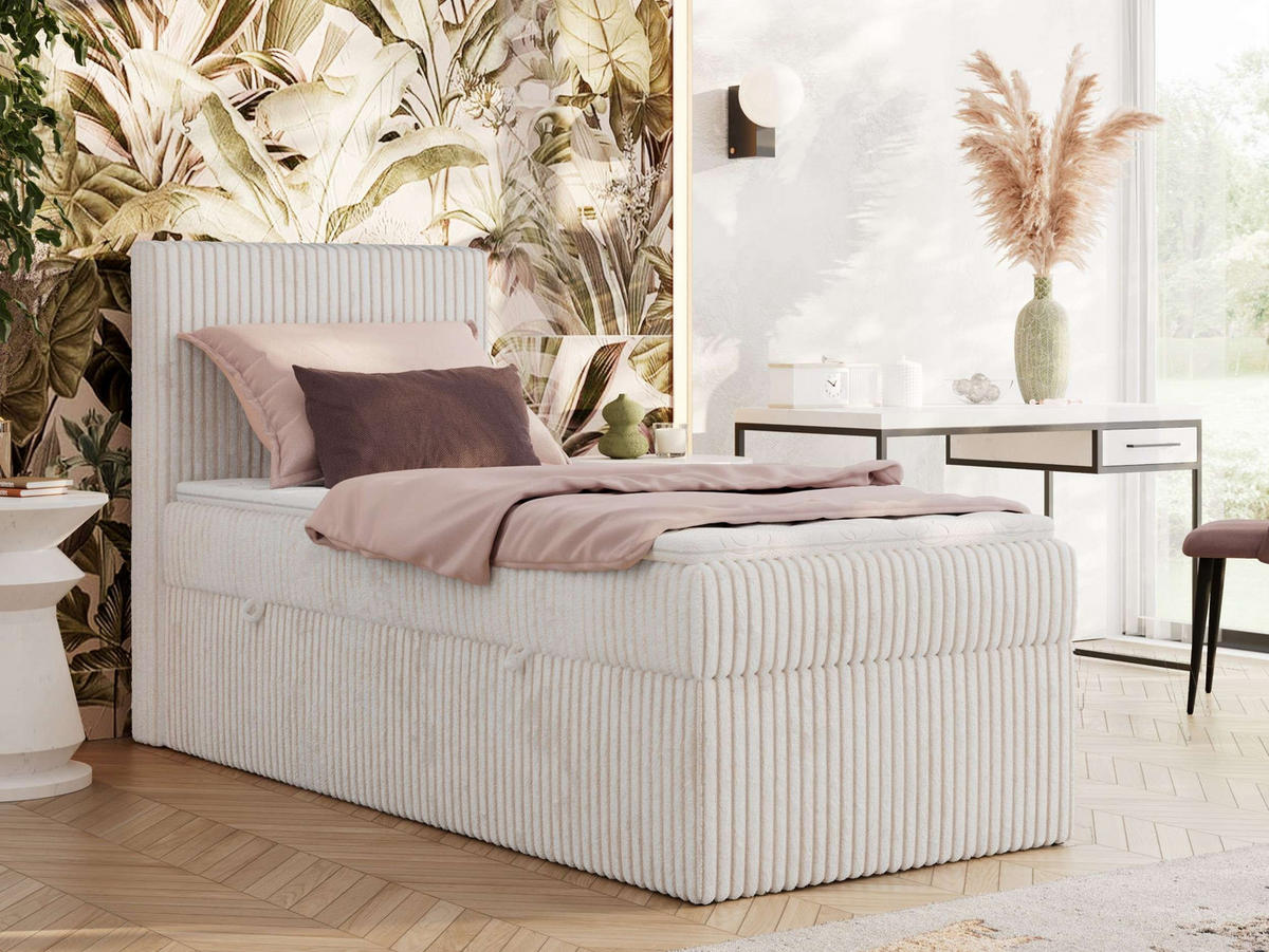 BOXBETT TILIANO 90/200 - Beige Cord - H3 - Visco Topper - Links - Beige, Textil (90/200cm) - MKS