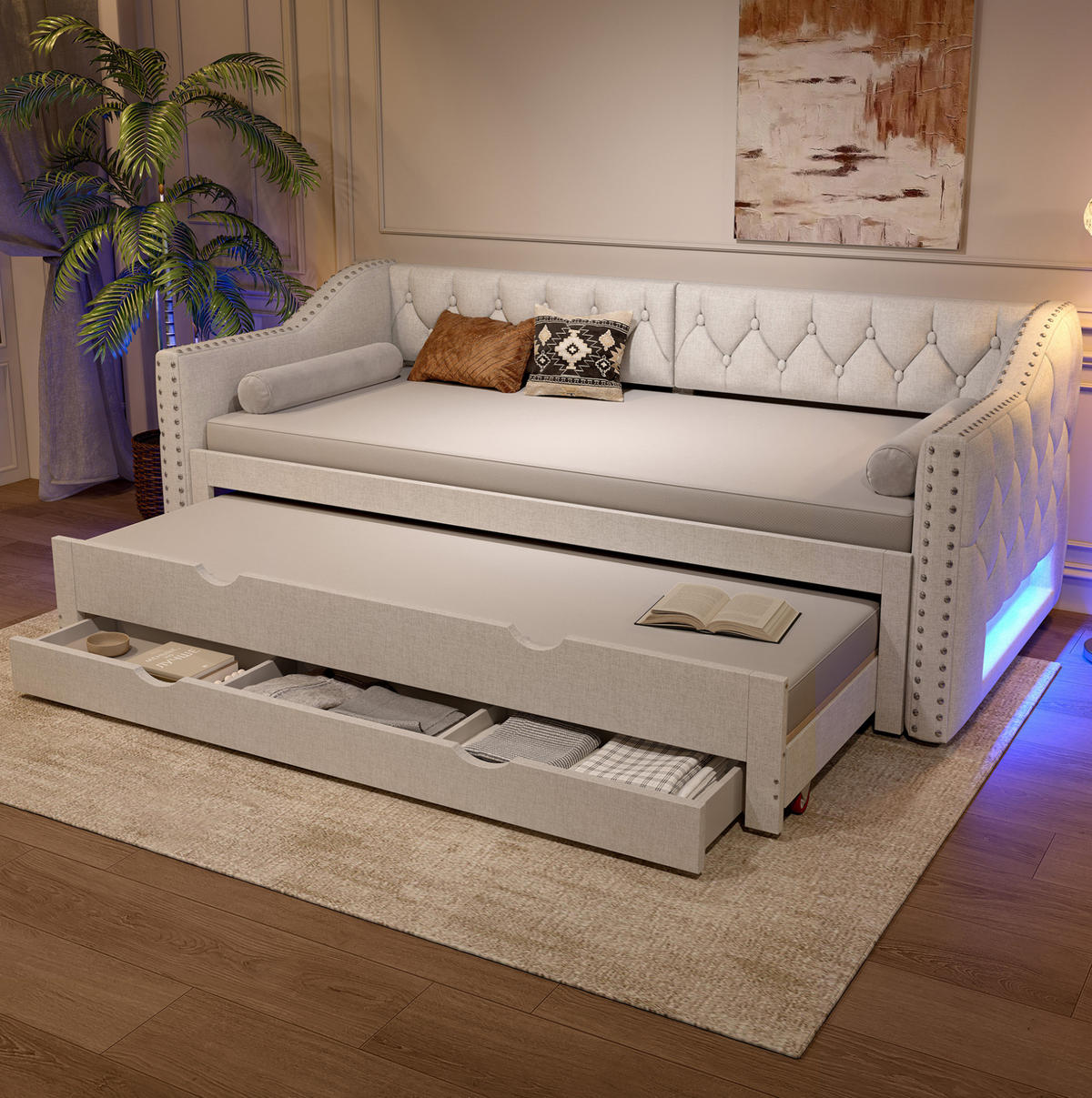 DENNÍ postel 90/200 cm béžová z MDF a lnu s LED osvětlením, výsuvným lůžkem a 3 zásuvkami - béžová, textil (90/200cm) - OKWISH