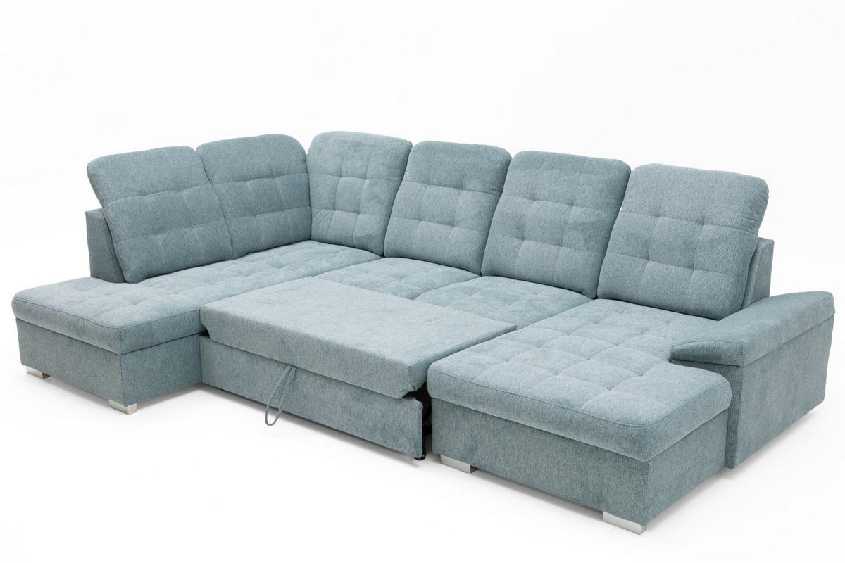 ECKSOFA U-Form OLIVIA U Links mit Schlaffunktion 124x257 Velours Blaugrau - Silberfarben/Blaugrau, Holz/Kunststoff (320/103/202cm) - Muffo