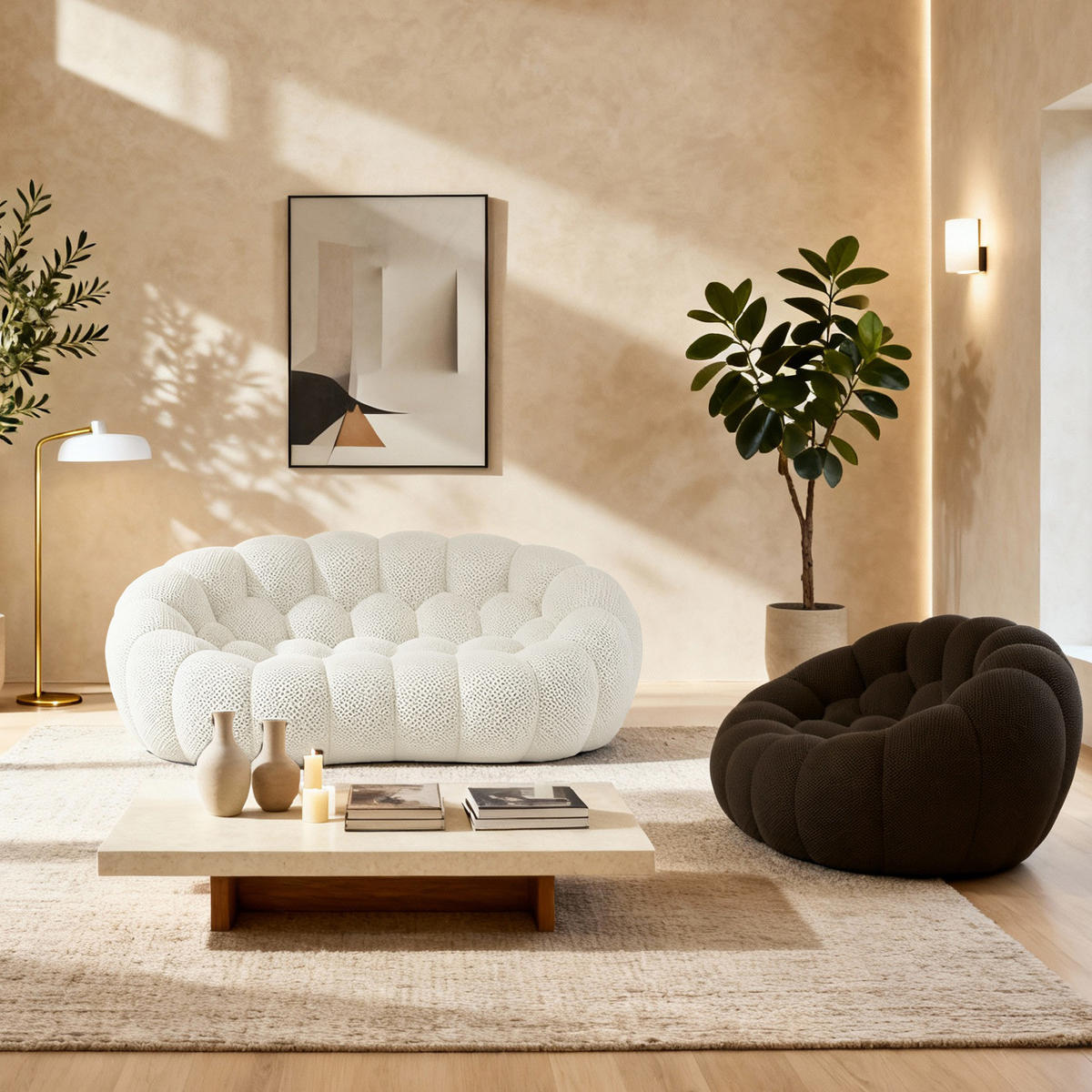 SITZGARNITUR Cocoon Sofa und Sessel Weiß und Schokolade - Weiß/Braun, Textil (190/75/113cm) - COCO Living